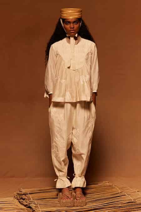 Buy Ivory Cotton, Silk Embroidery High Neck Applique Designer Top For ...