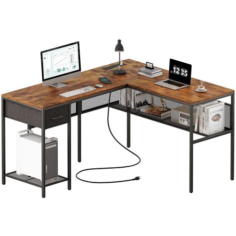 Superjare L Shaped Desk With Power Outlets Computer Desk Drawer ...