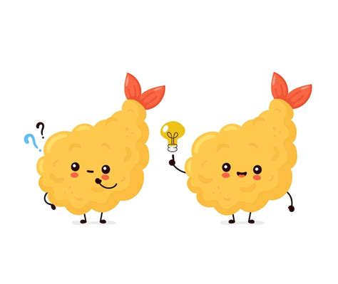 かわいい幸せな面白い天ぷらエビのカップル。漫画のキャラクターイラストアイコンデザイン。分離されました。 | Premiumベクトル素材