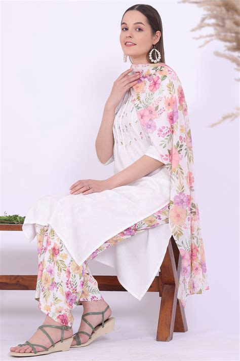 Buy White Embroidered Straight Kurta with Palazzo & Stole Set Online ...