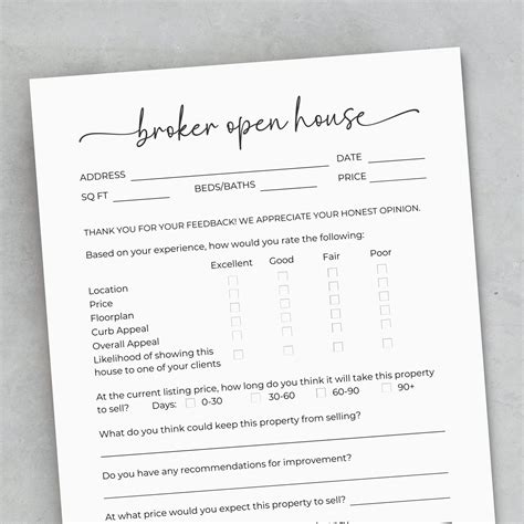 Broker Open House Feedback Form, Agent Open House Sheet, Brokers Open Printable, Realtor ...