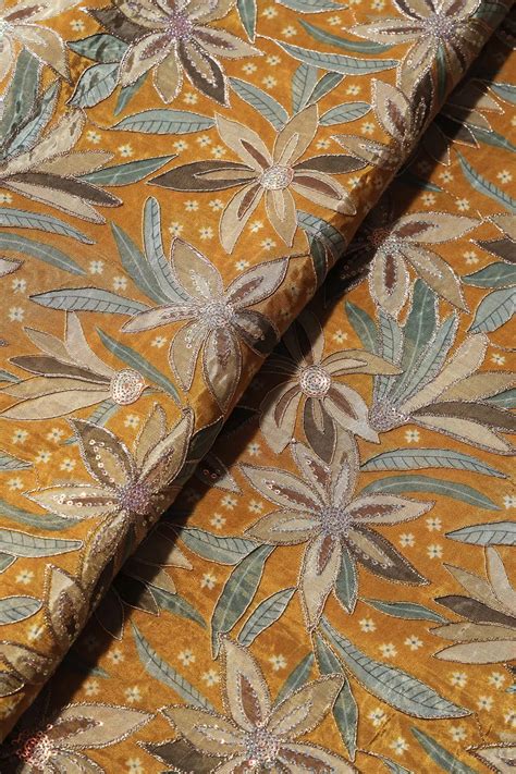 Floral Position Print On Sequins With Zari Embroidery Mustard Yellow V