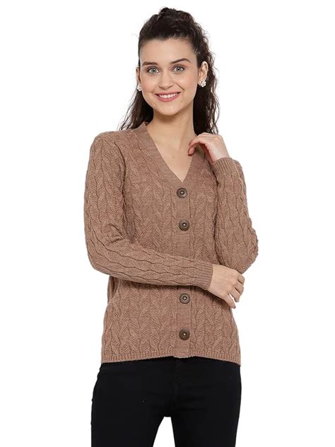 Buy Kalt Women Full Sleeves Cable Button Acrylic V-Neck Sweater(Light ...