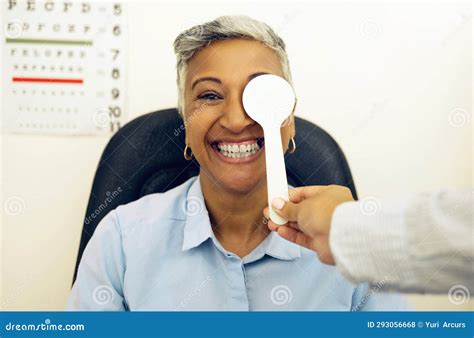 Eye Exam, Woman or Portrait with Cover for Vision, Healthcare or Test at Optometrist or ...