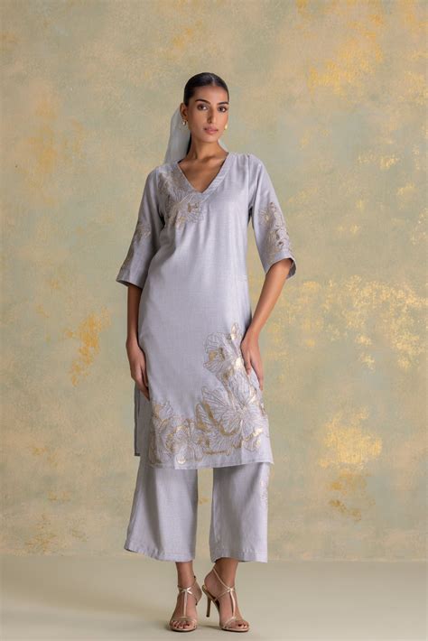 Festive Floral Embroidery Tunic Set with Gold Metallic Detailing by ...