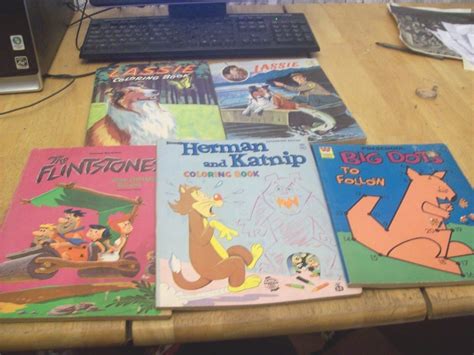 5 VINTAGE 1960S COLORING BOOKS. LASSIE,FLINTSTONES,HERMAN AND KATNIP ...