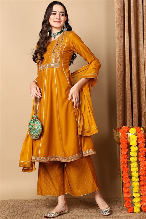 Mustard Yellow Silk Blend Solid Embroidered Anarkali Suit Set PKSKD202 ...