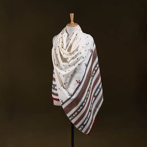 White Kutch Handwoven Mirror Work Acrylic Wool Shawl