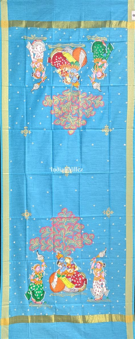 Sky Blue Radha Krishna Rasa Theme Patachitra Chanderi Dupatta ...