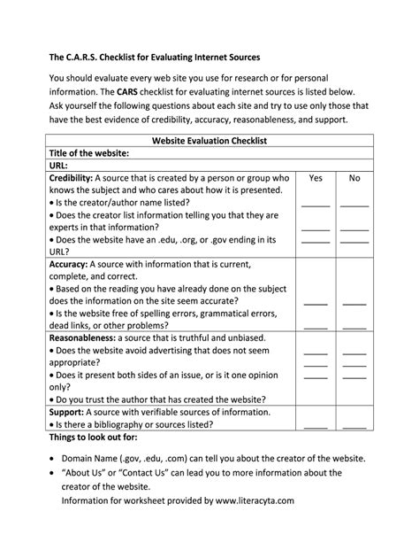 Fillable Online Checklist for Evaluating Internet Sources Fax Email ...