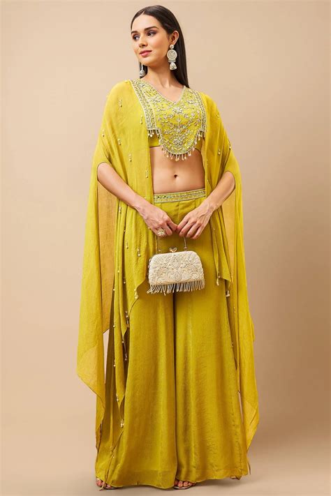 Yellow Cape Sleeve Crop Top Palazzo Set | Riyaasat