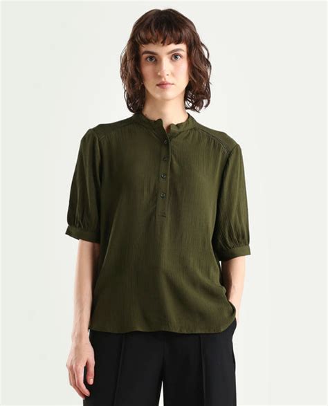 Rareism Women's Elane Olive Viscose Half Sleeve Regular Fit Plain Top