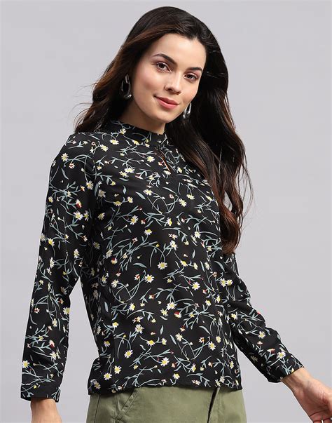 Buy Women Black Printed Band Collar Full Sleeve Top Online in India ...