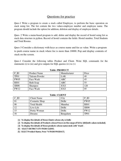 Image result for SQL Questions and Answers for Practice PDF