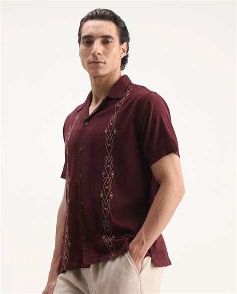 Rare Rabbit Men's Zedter-1 Dusky Maroon Cotton Blend Embroidered Relax