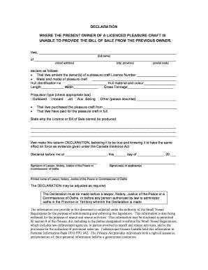 Declaration Where Present Owner Oa A Pleasure Craft Is Unable To ...