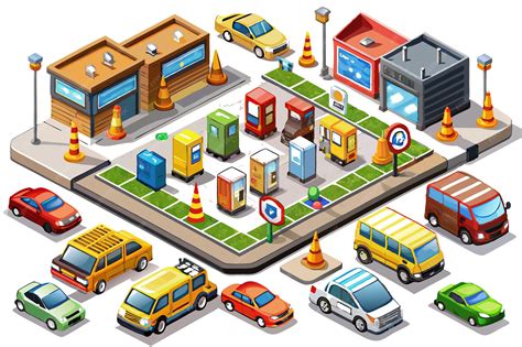 Isometric view of a city street with cars buildings and traffic cones ...