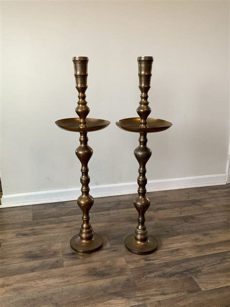 Large Etched Brass Floor Candle Holders W/candles 36 - Etsy