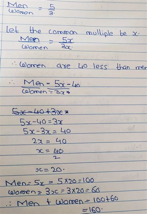 In a village, ratio of men and womenis 5 : 3. If women are 40 less ...