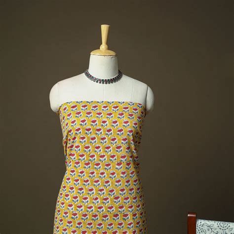 Yellow Hand Block Print Cotton Sanganeri 3pc Unstitched Dress Material ...