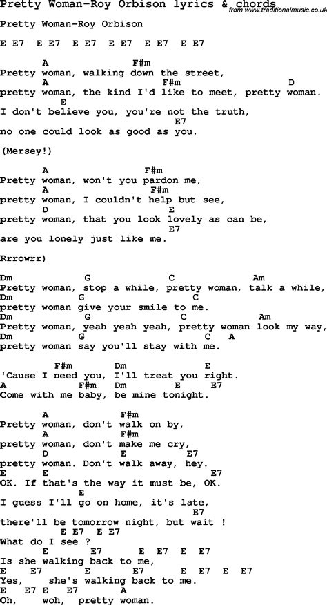 Love Song Lyrics for:Pretty Woman-Roy Orbison with chords.