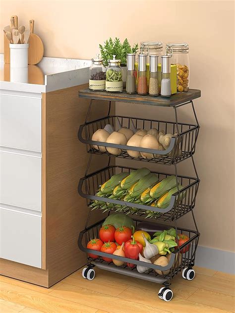 Buy Metal Baskets with Wood Top 4 Tier Stackable Storage Baskets with ...