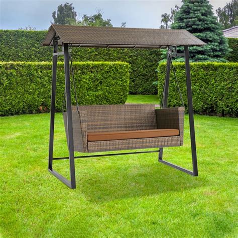 All Weather Wicker 2-Seat Patio Swing Chair with Shade & Cushions – Devoko