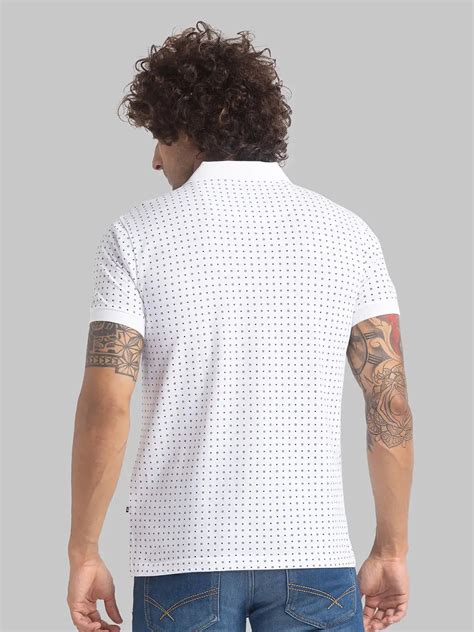 Men White Regular Fit Print Cotton Round Neck Collar Polo T-Shirt ...