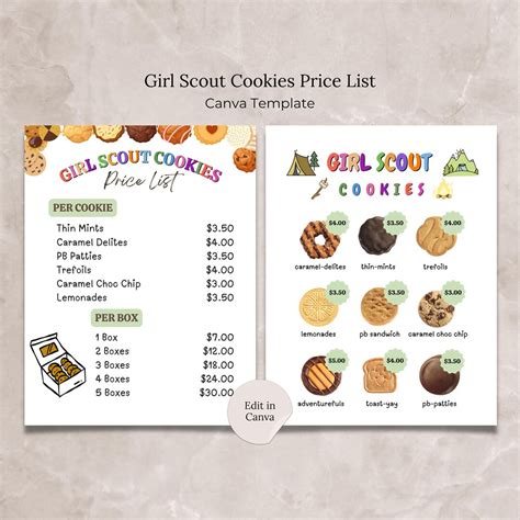 Girl Scout Cookies Price List Menu Template Canva Editable LBB Scout ...