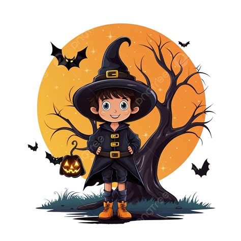 Boy With Halloween Wizard Costume In Front Tree At Night Design ...