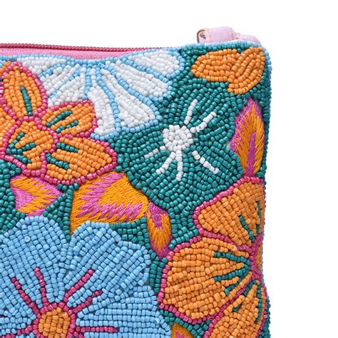 Blue And Orange Flowers Beaded Zipper Sling bag