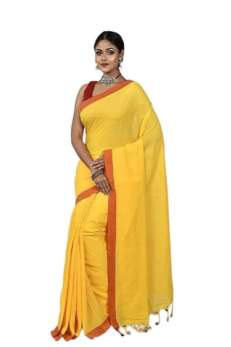 Women’s Traditional Bengal Handloom Pure Cotton Plain Saree – Yellow ...