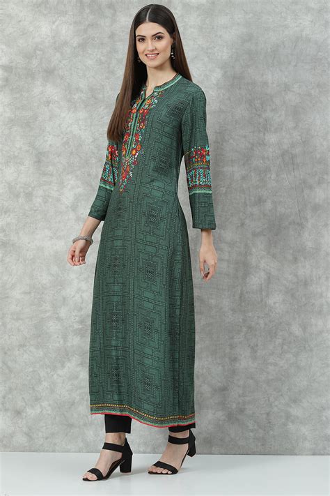 Green LIVA Straight Printed Kurta at Biba India