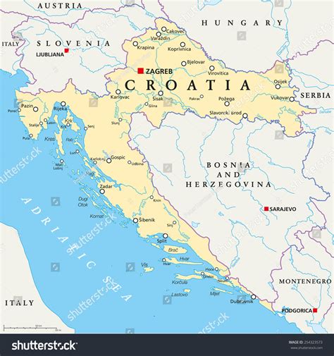 Croácia Mapa político com capital Zagreb,: vetor stock (livre de direitos) 254323573 | Shutterstock