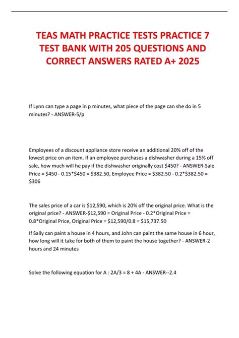TEAS MATH PRACTICE TESTS PRACTICE 7 TEST BANK WITH 205 QUESTIONS AND ...