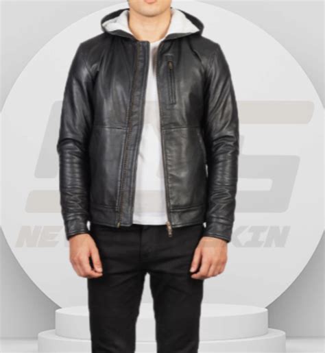 Plain Black Hooded Leather Jacket | Men’s Hooded Black Leather Jacket ...