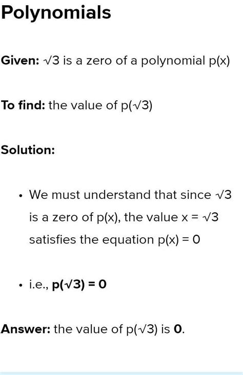3 square root of, 3, end square root is a zero of a polynomial p(x)p(x ...