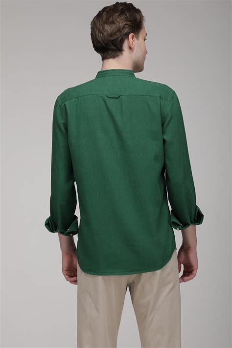 Bare Brown Mandarin Collar Cotton Linen Shirt, Slim Fit with Full Slee ...