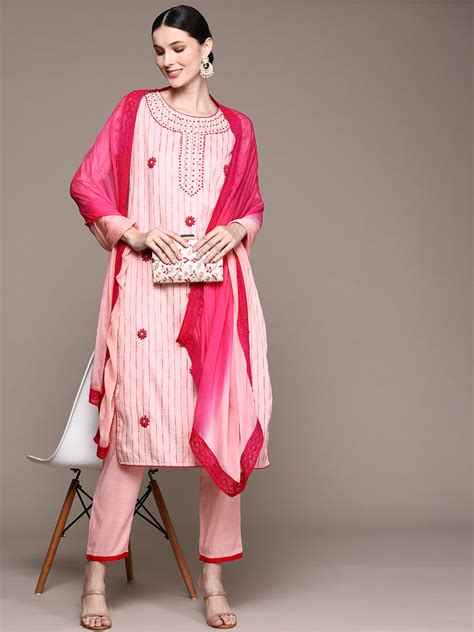 Buy Ishin Women's Pink Embroidered Lurex A-Line Kurta with Trouser ...
