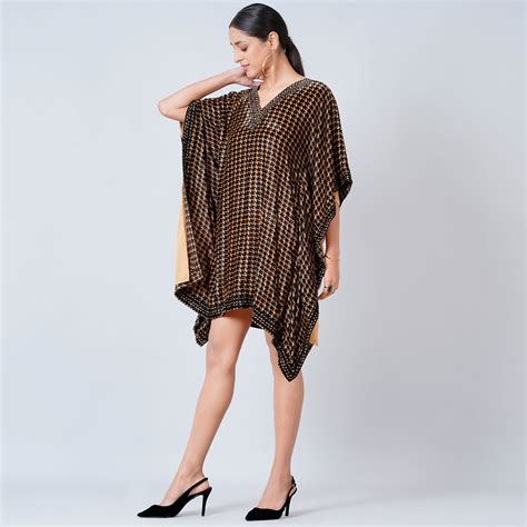 Beige Crystal Embellished Houndstooth Silk Velvet Tunic – First Resort ...