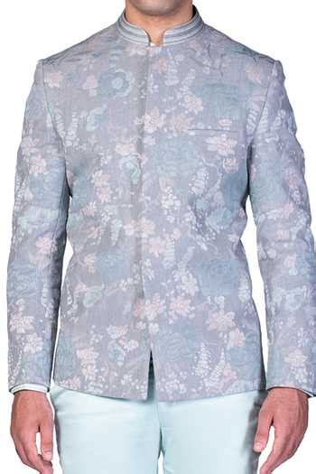 Buy Blue , Handloom , Satin Lycra Hand Painted Bandhgala Set For Men by ...