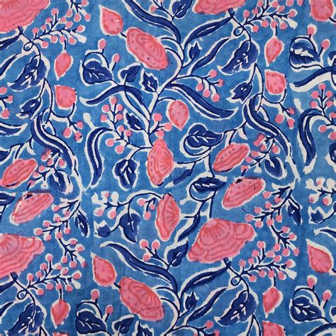 Pure Cotton Jaipuri Blue With Pink Jungle Flower Jaal Hand Block Print ...