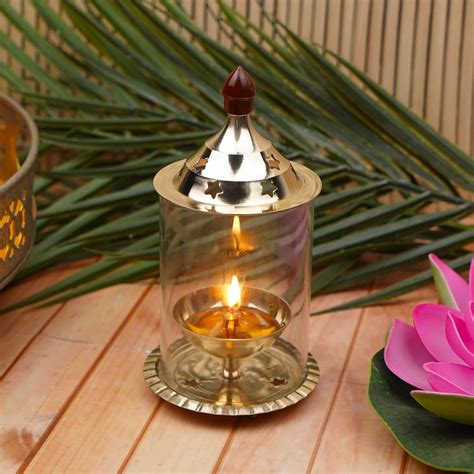 Buy ServDharm Brass Akhand Diya with Borosilicate Glass Cover (Medium ...