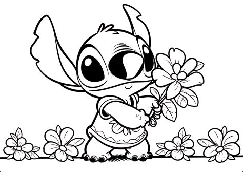Stitch picking flowers - Lilo and Stitch Coloring Pages