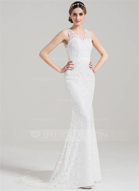 Sheath/Column V-neck Sweep Train Lace Wedding Dress With Bow(s) (002084741) - JJ's House