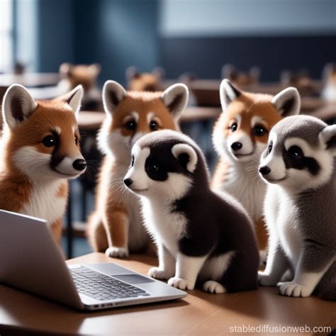 Cute Animals Using Laptops in Classroom | Stable Diffusion Online