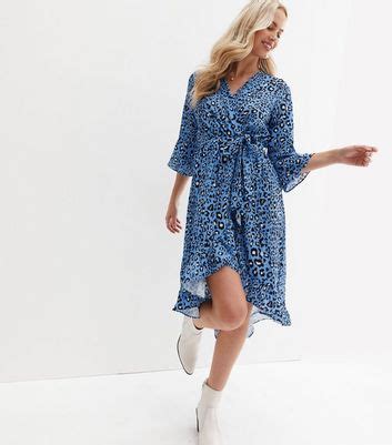 Gini London Blue Leopard Print Ruffle Midi Wrap Dress | New Look