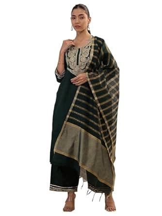 Buy INDO ERA Women's Solid Cotton Blend Straight Kurta & Palazzo With ...