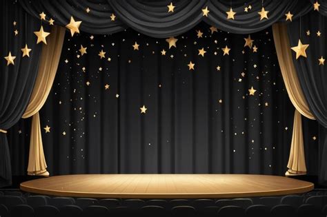 A large empty stage with black curtain and falling gold stars on it ...