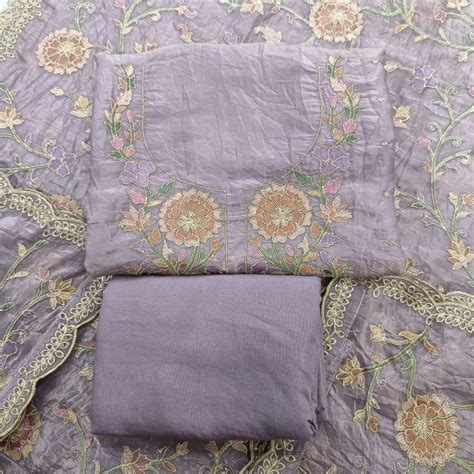 Set 45- 2nd Nov - Rich Lavender Tissue silk - Floral Thread Embroidery ...